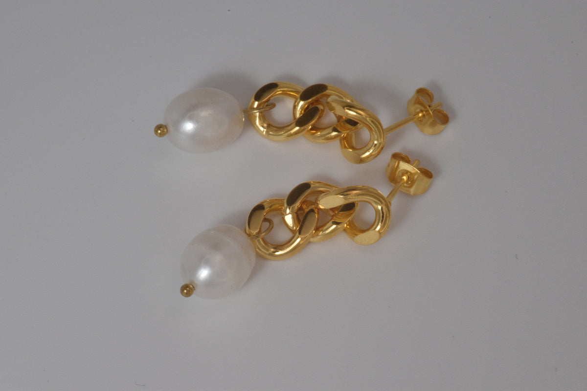 Gold Curb Chain Baroque Pearl Drop Earrings