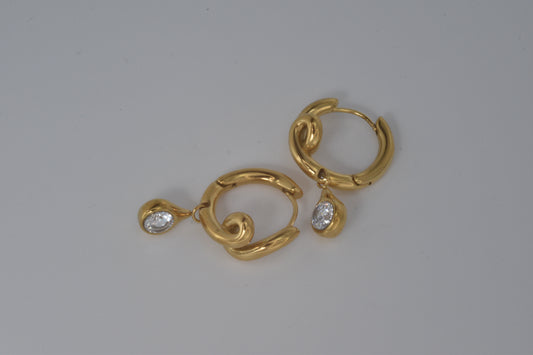 Gold Twisted Swirl Huggie Earrings with Crystal Drop