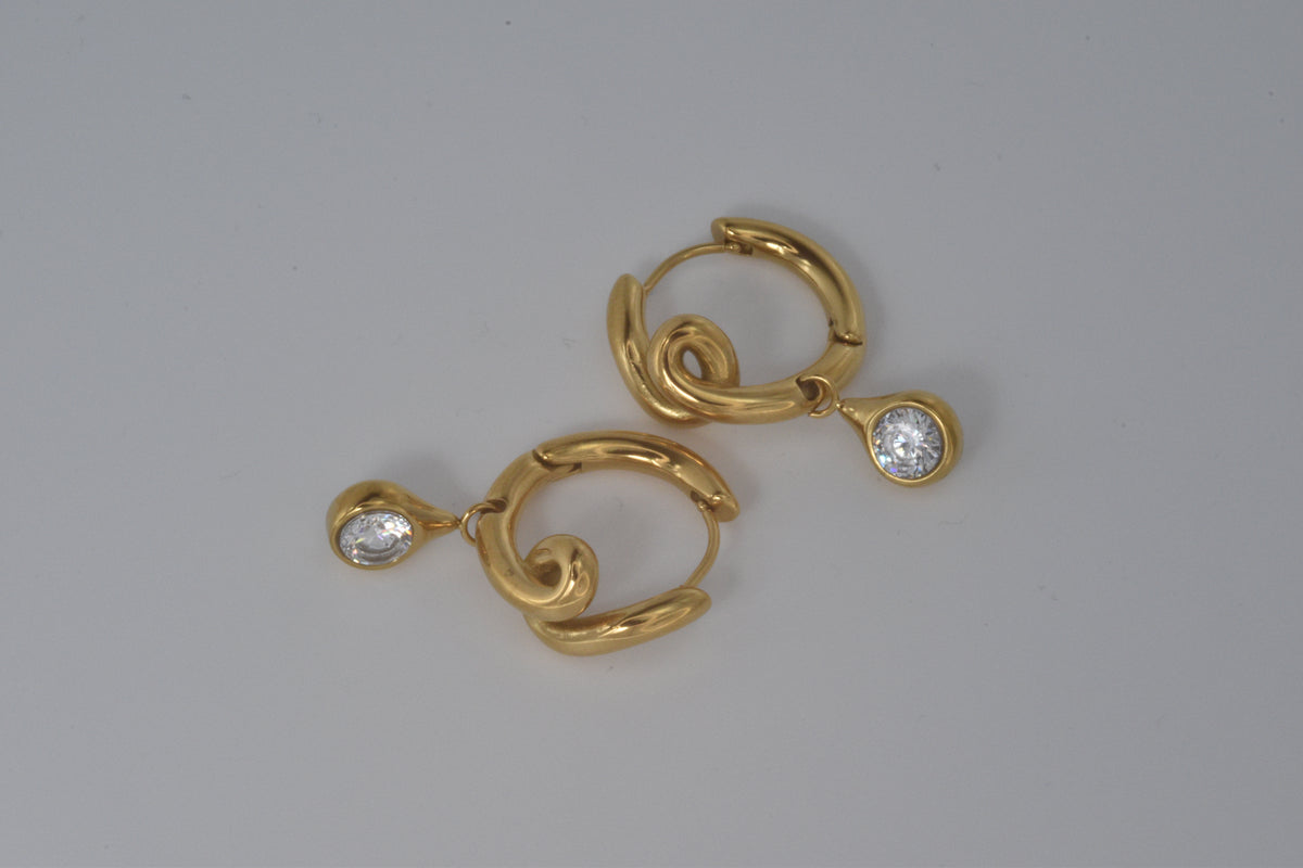 Gold Twisted Swirl Huggie Earrings with Crystal Drop