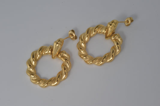 Gold Twisted Rope Circle Drop Earrings