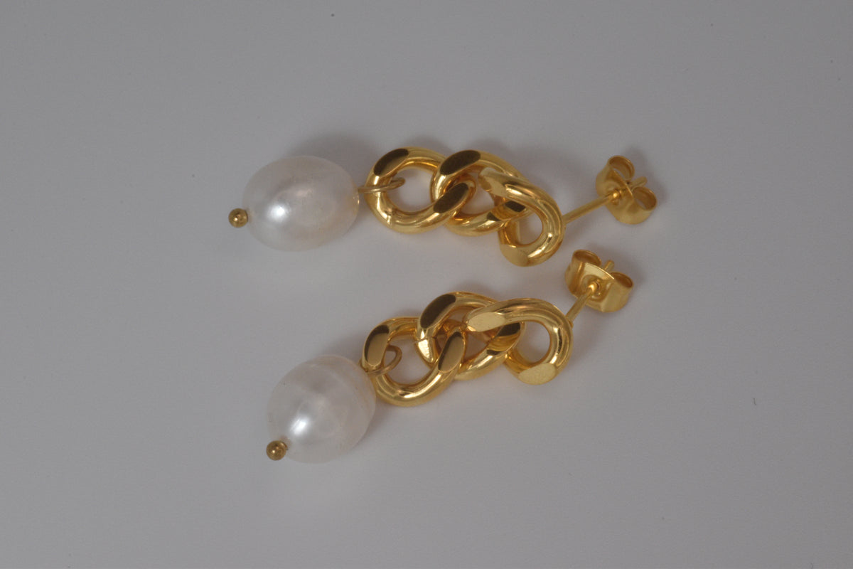 Gold Curb Chain Baroque Pearl Drop Earrings
