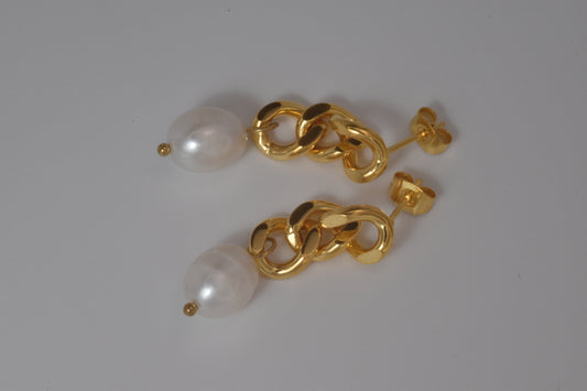 Gold Curb Chain Baroque Pearl Drop Earrings