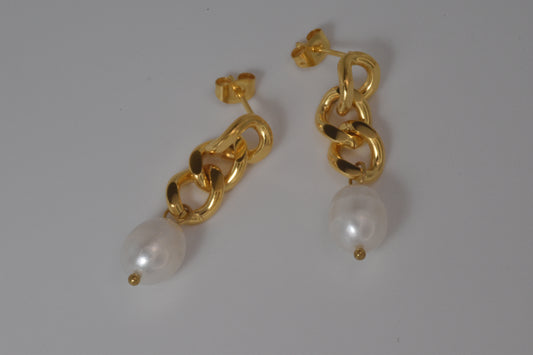 Gold Curb Chain Baroque Pearl Drop Earrings