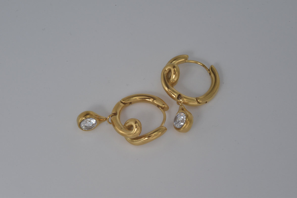 Gold Twisted Swirl Huggie Earrings with Crystal Drop