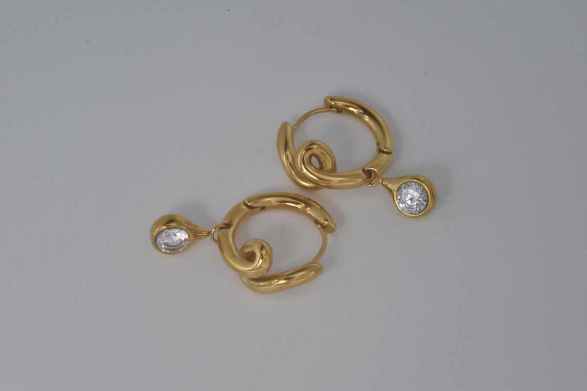 Gold Twisted Swirl Huggie Earrings with Crystal Drop
