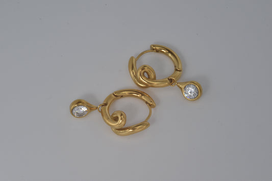 Gold Twisted Swirl Huggie Earrings with Crystal Drop