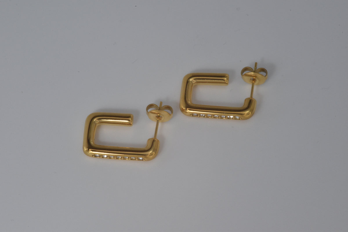 Gold Rectangular Pavé Crystal Hoop Earrings