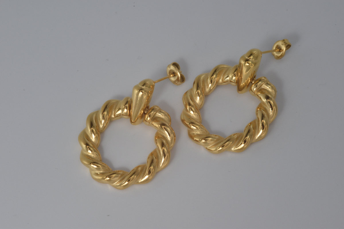 Gold Twisted Rope Circle Drop Earrings