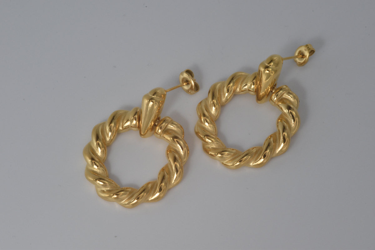 Gold Twisted Rope Circle Drop Earrings