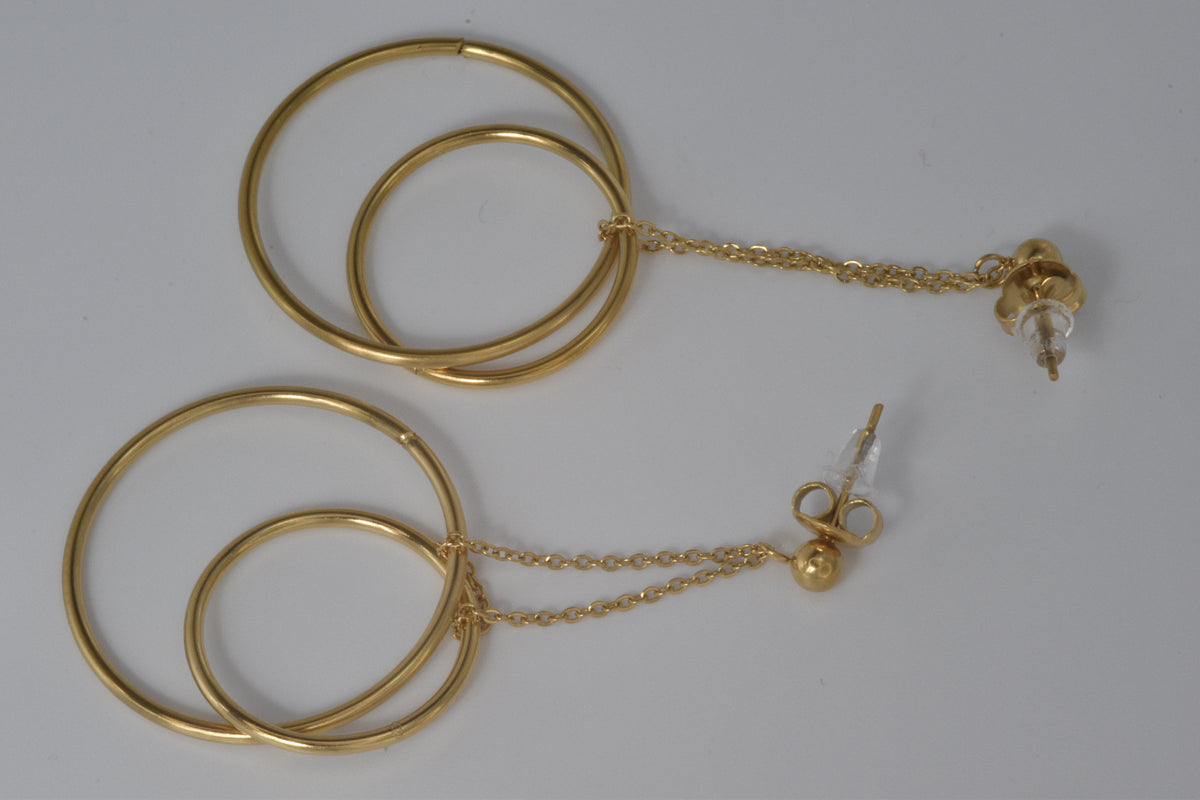 Gold Double Hoop Chain Drop Earrings