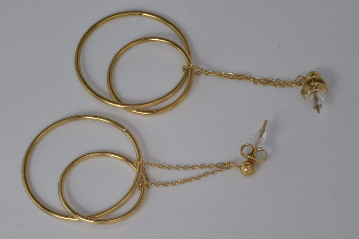 Gold Double Hoop Chain Drop Earrings