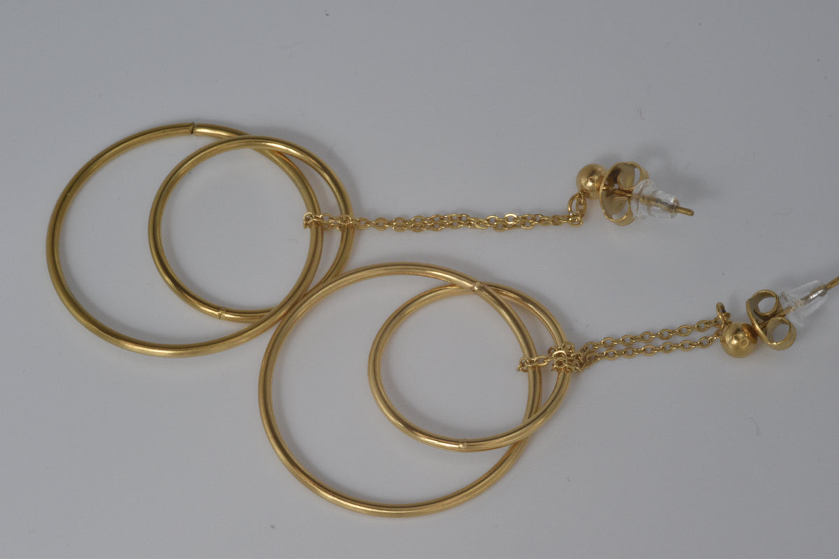 Gold Double Hoop Chain Drop Earrings